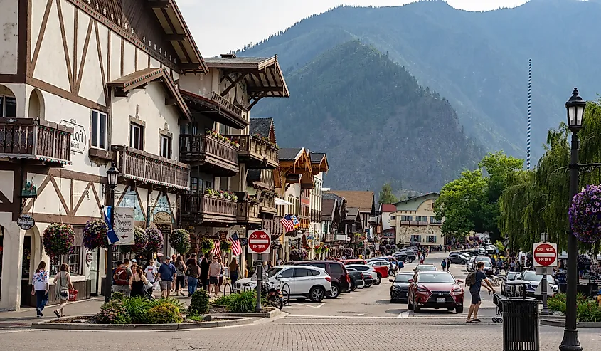 Shops and restaurants in downtown Leavenworth, Washington, a Bavarian German town outside of the Cascade Mountains.
