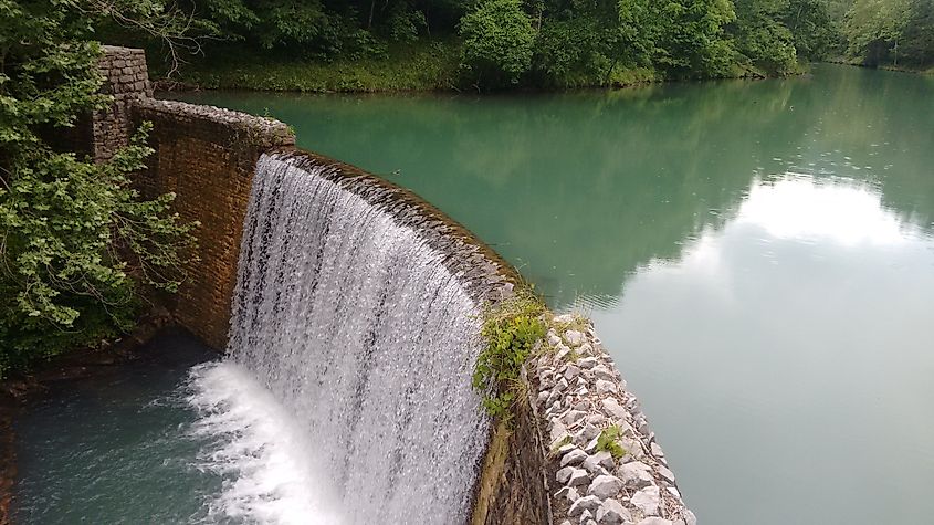 Mirror Lake Dam, constructed in 1940 by the Civilian Conservation Corps, created a fishing lake fed by Blanchard Spring.