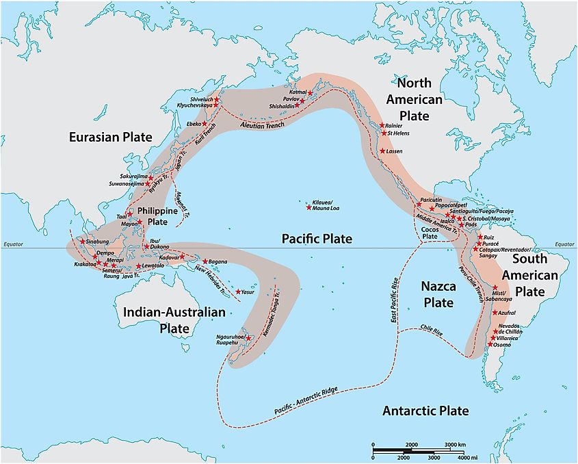 Vector map of the Pacific Ring of Fire with major volcanoes