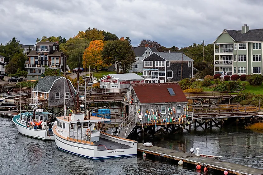 Boats parked at a marina on Badger's Island during a cloudy morning in Kittery, Maine