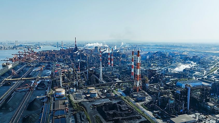 Aerial view of steel mills and industrial areas.