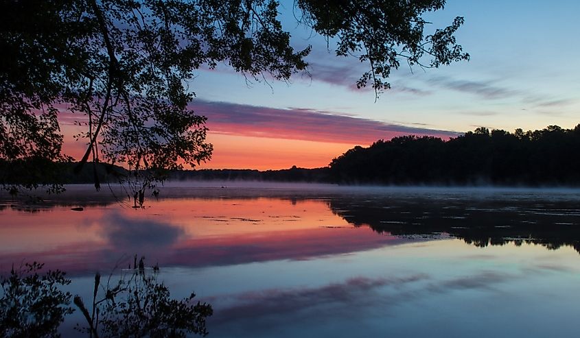 Sunrise reflected on the Connecticut River in Windsor Locks, CT