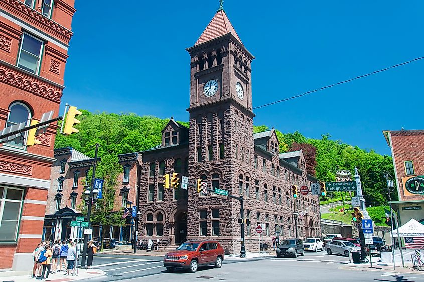 Visitors exploring the downtown area of Jim Thorpe, Pennsylvania
