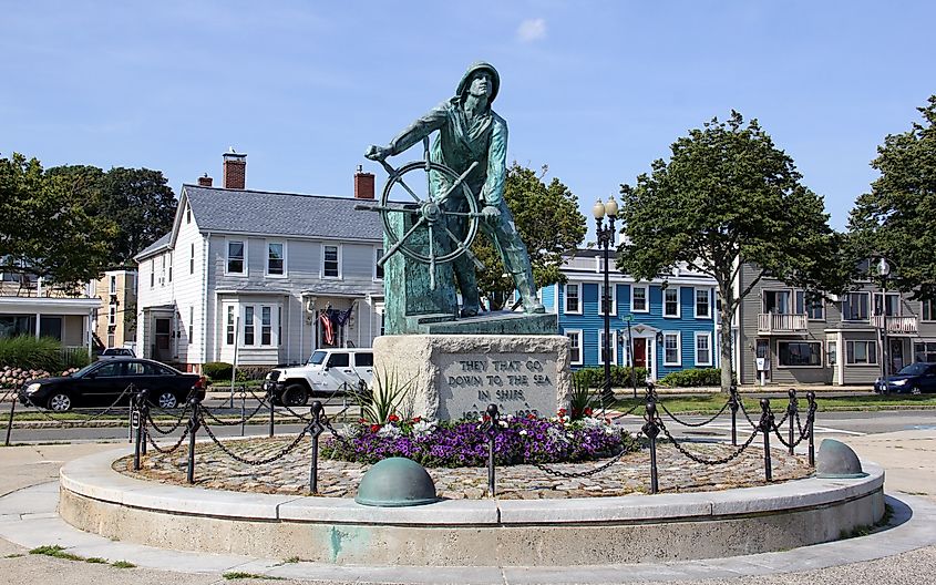 Gloucester, Massachusetts: Fisherman's Memorial Cenotaph, also known as "Man at the Wheel" statue, on South Stacy Boulevard