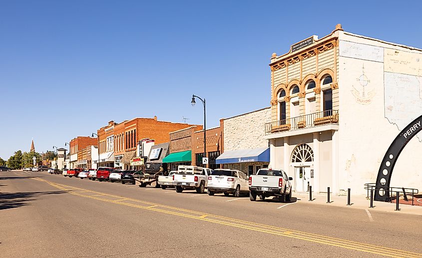 The old business district on Delaware Street in Perry, Oklahoma.