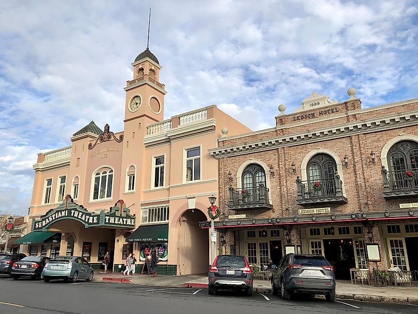 Famous and historic Sebastiani Theater and Building in downtown Sonoma, California.