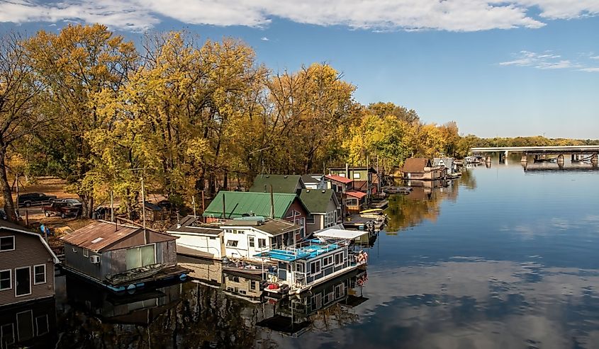 Houseboats on Latsch Island in the backwaters of the Mississippi River in Winona, Minnesota