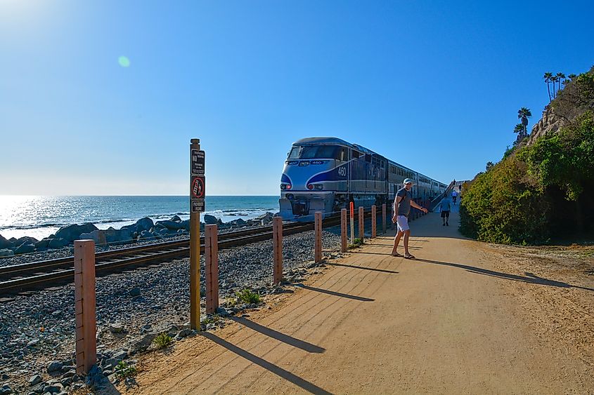 The Coast Starlight train traveling along California's scenic coastline