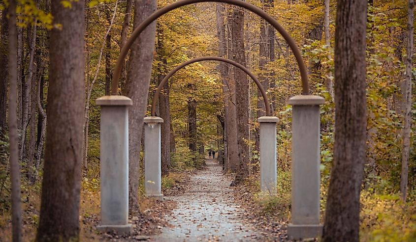 The arched walkway of Rose Island, an abandoned amusement park in Charlestown Indiana.