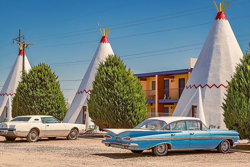 Wigwam Motel, part of a motel chain built during the 1930s and 1940s on historic Route 66 in Holbrook, Arizona. Editorial credit: Heidi Besen / Shutterstock.com