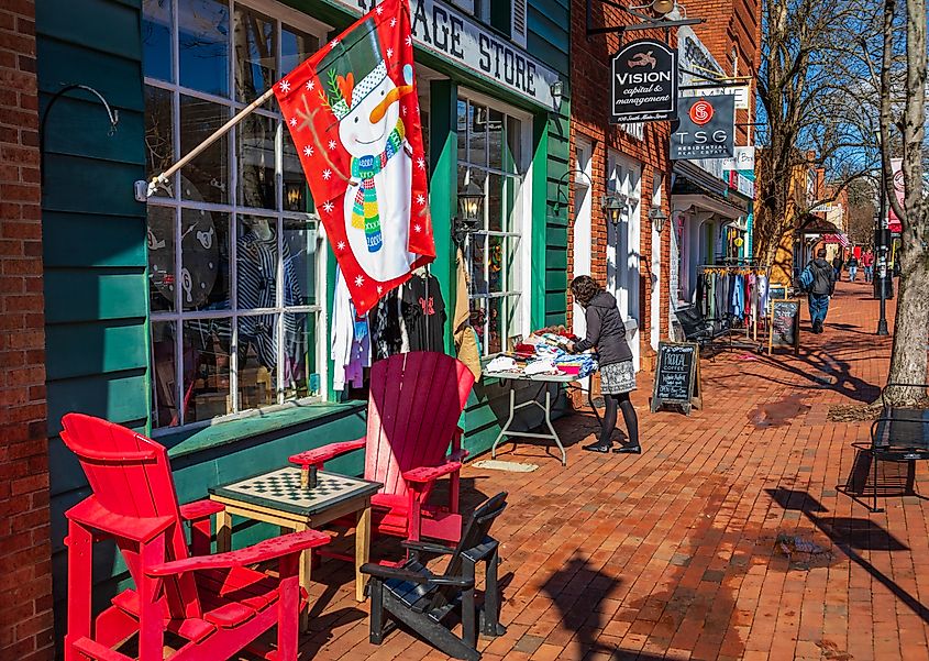 A view of colorful downtown Main Street shops in Davidson, North Carolina.