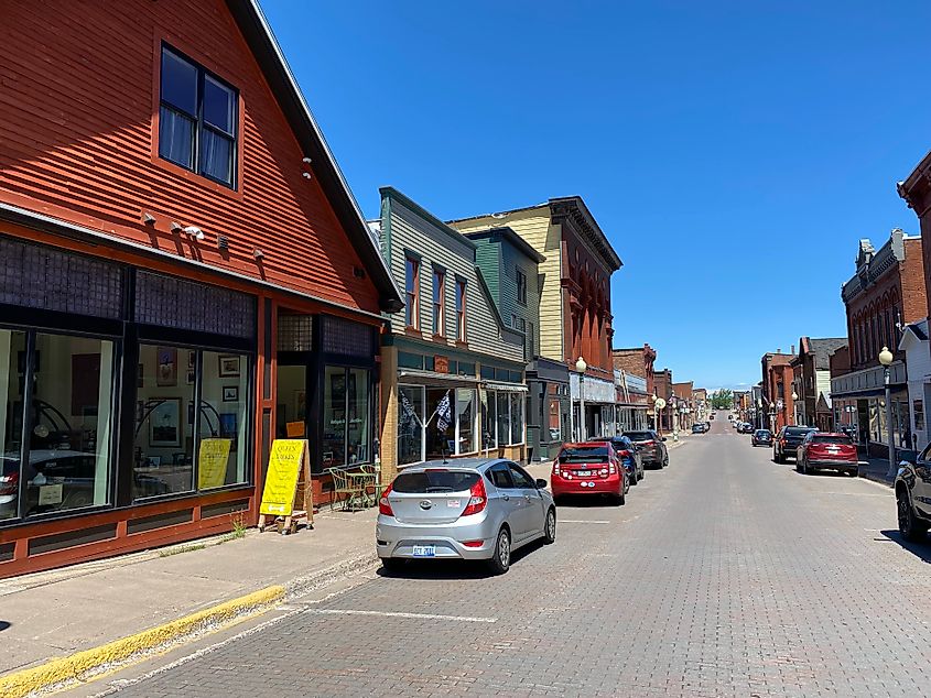 The Old West facade of the independent shops of downtown Calumet, Michigan. 