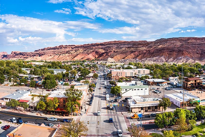 Aerial view of Main Street in Moab, Utah.