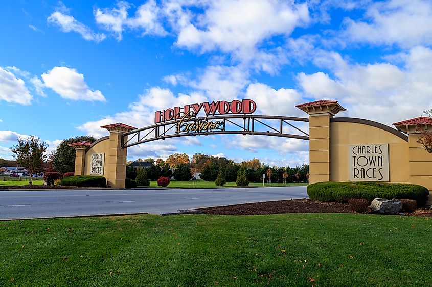 Entrance sign at the Hollywood Casino Charles Town Races complex. Editorial credit: George Sheldon / Shutterstock.com