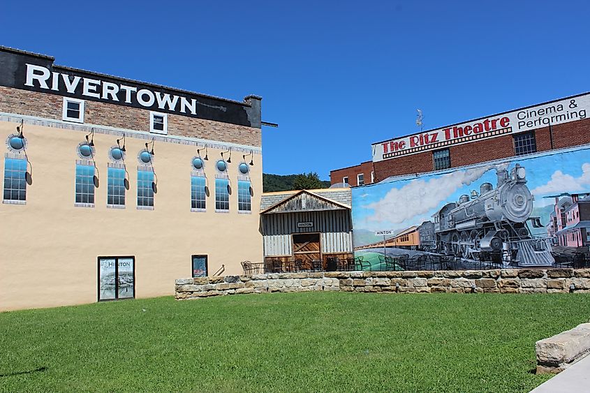 Ritz Theater sign and railroad mural in historic Hinton, West Virginia.