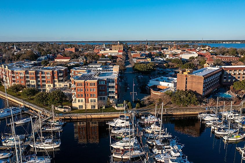 Aerial View of Downtown New Bern North Carolina looking North from the Marina.