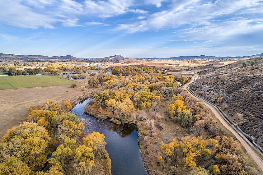 Aerial view of a route along the Cache La Poudre River near Fort Collins in Colorado.