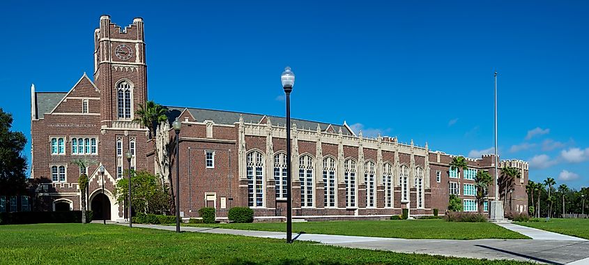 Hillsborough High School, built in 1927, in Tampa, Florida, an example of Gothic Revival architecture. Image Credit Daniel Wright98 via Shutterstock.