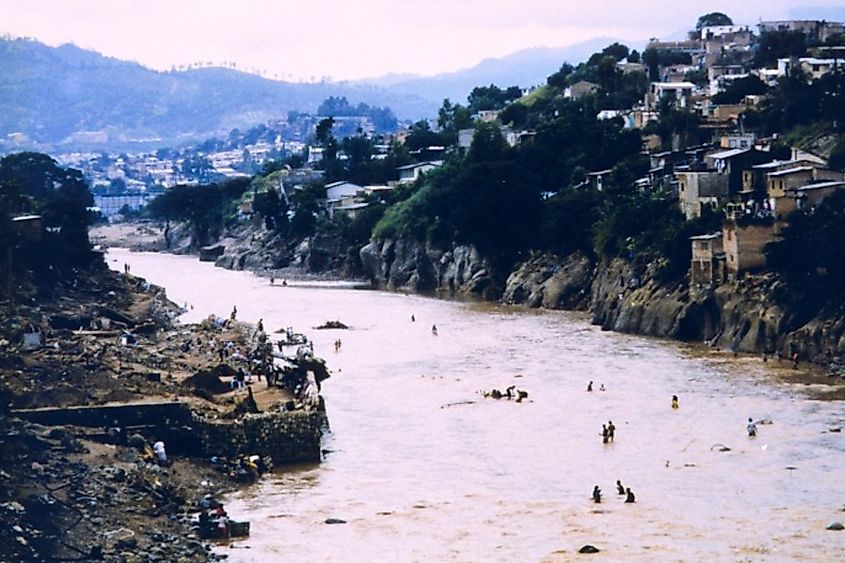 Damage in Tegucigalpa, Honduras in the aftermath of Hurricane Mitch.