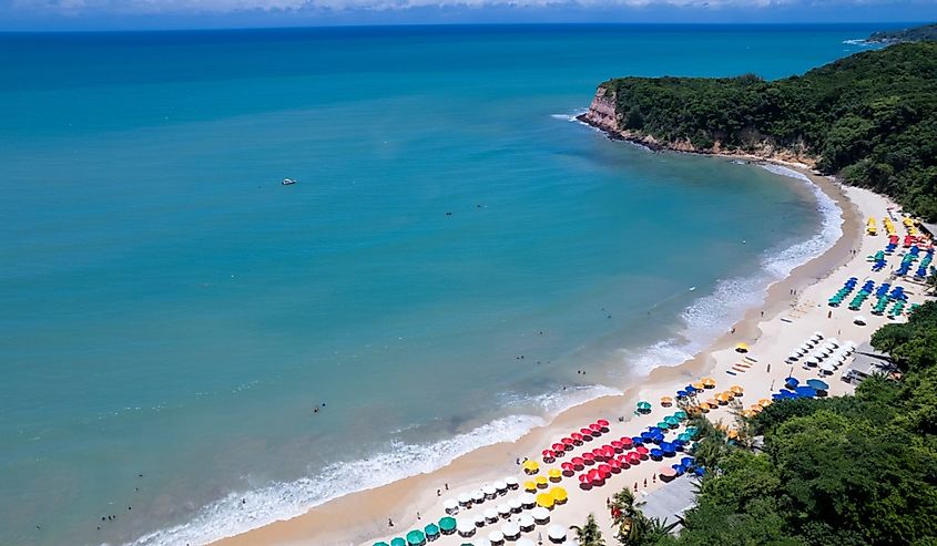 Aerial view of Madeiro beach, in Pipa, Natal, Rio Grande do Norte, Brazil.