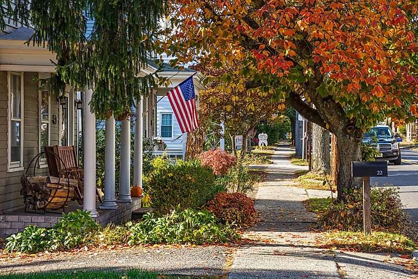 A quiet neighborhood block in Allentown, New Jersey, during autumn.