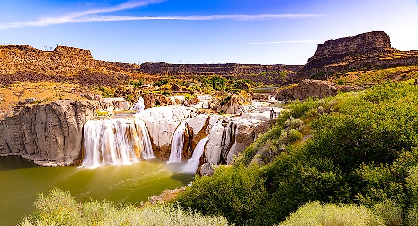 Scenic panorama of Shoshone Falls cascading over the cliffs into a dramatic canyon