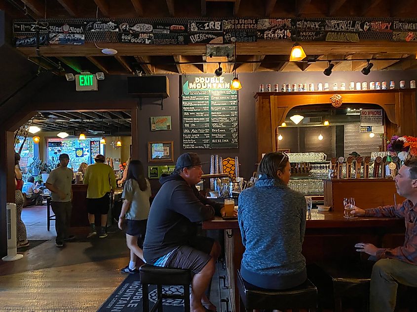 The full and cozy interior of Hood River's Double Mountain Brewery