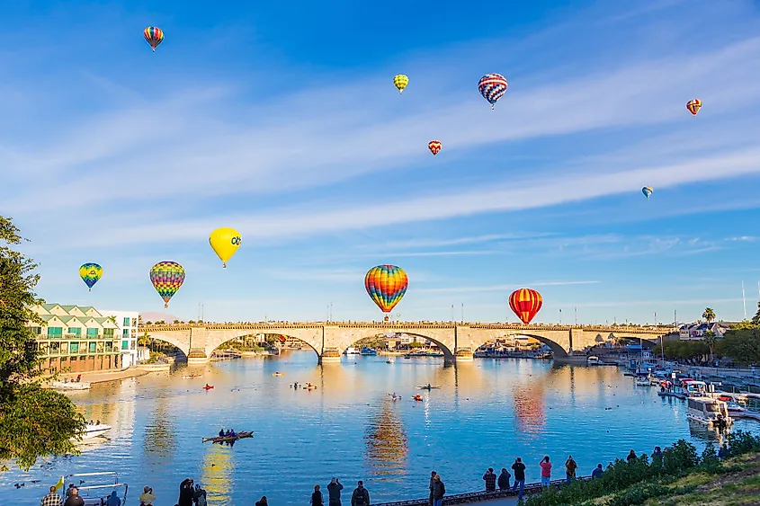 The relocated London Bridge spanning a channel of Lake Havasu in Arizona