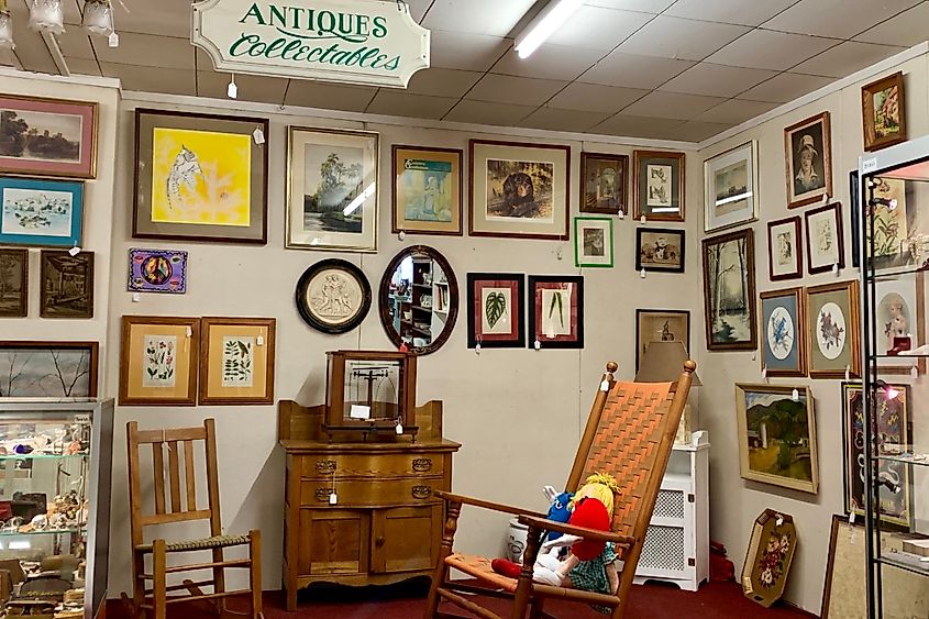 MILLERTON, NY - March 17, 2019: Antiques, collectibles and vintage items for sale in a thrift store.