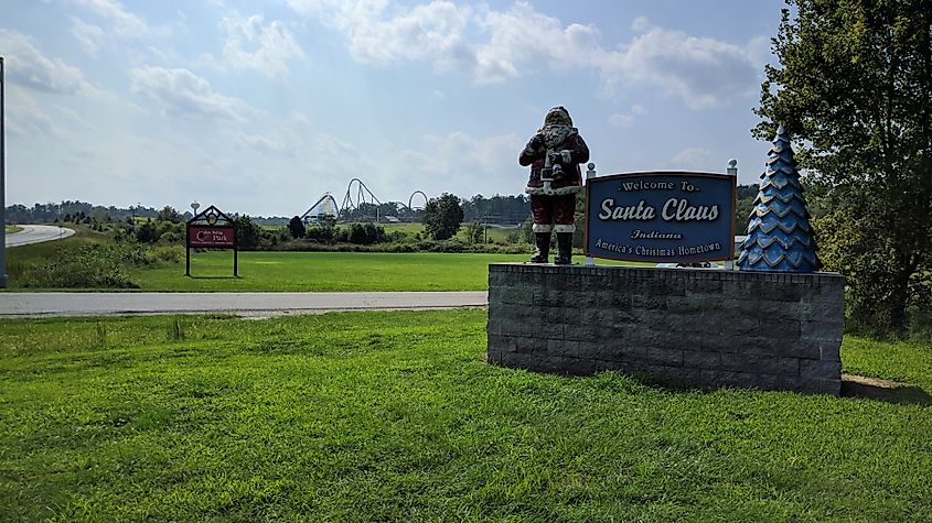 Santa Claus Welcome sign in Santa Claus, Indiana, a charming town known for its festive holiday spirit.