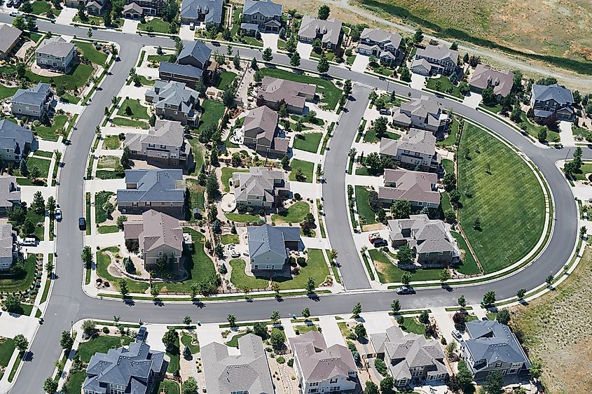 Aerial view of a residential neighbourhood in Lafayette, Colorado.