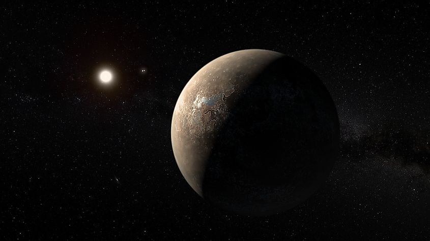       More details Artist's impression of the exoplanet Proxima Centauri b shown as of a arid (but not completely water-free) rocky Super-Earth. Image Credit ESO via Wikimedia.