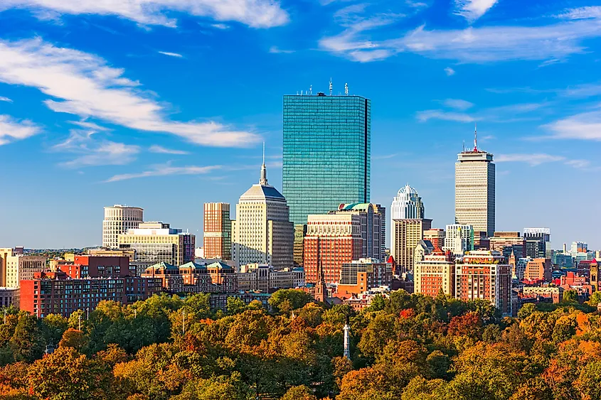 The skyline of Boston, Massachusetts, along the Charles River.