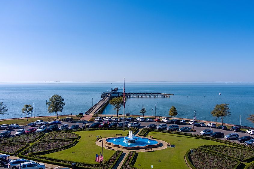 Aerial view of the Fairhope Municipal Pier on the eastern shore of Mobile Bay, Alabama.