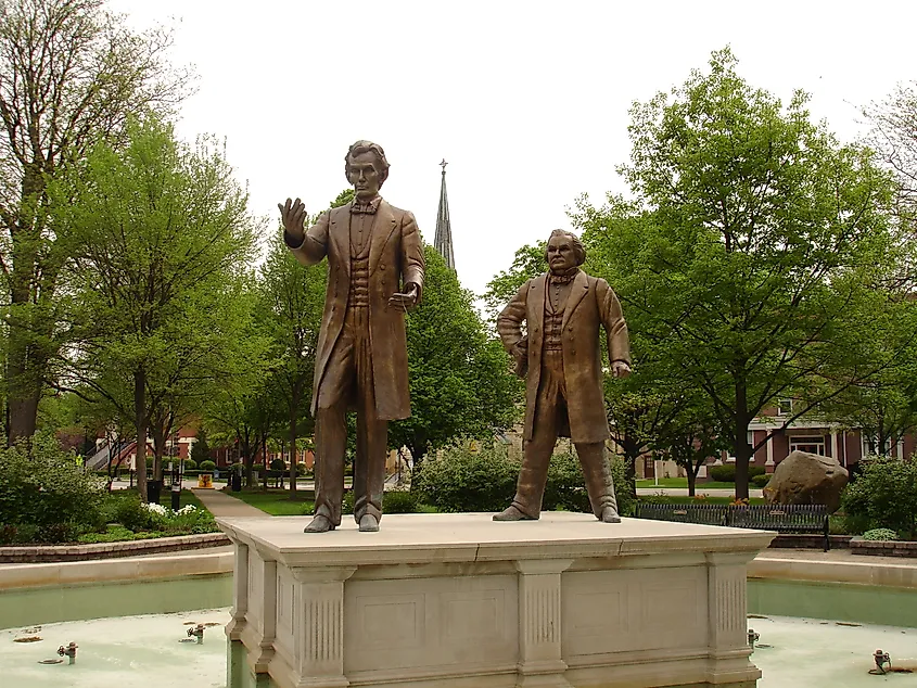 Statues of Lincoln and Douglas near the site of their 1858 debate.
