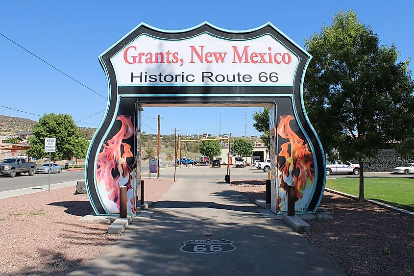 Historic Route 66 roadside attraction, Grants, New Mexico, where tourists can take photos with their vehicles.