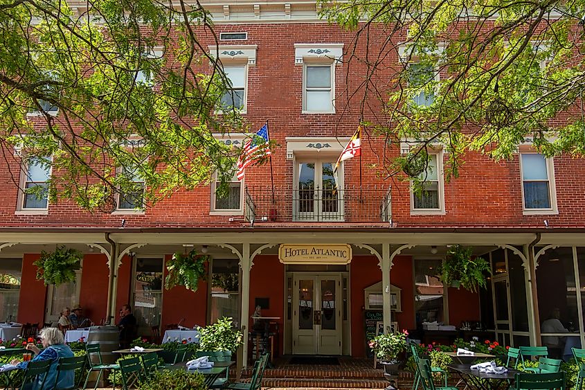 The outdoor dining patio at the Hotel Atlantic in America's coolest small town. 