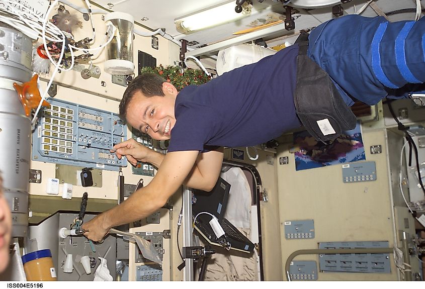 Astronaut Daniel W. Bursch, Expedition Four flight engineer, works in the Zvezda Service Module on the International Space Station (ISS)