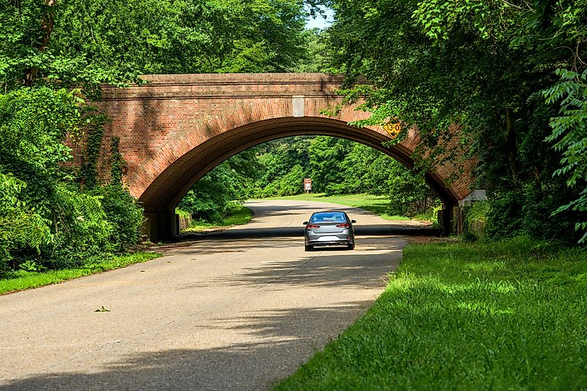 Scenic Colonial Parkway at one of its many brick bridges in Colonial National Historical Park.