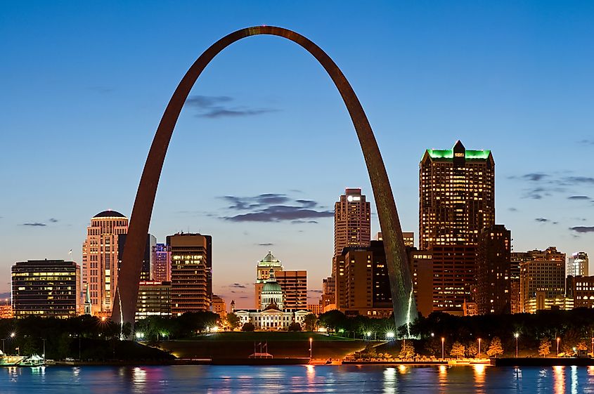 The Gateway Arch and downtown skyline of St. Louis, Missouri.