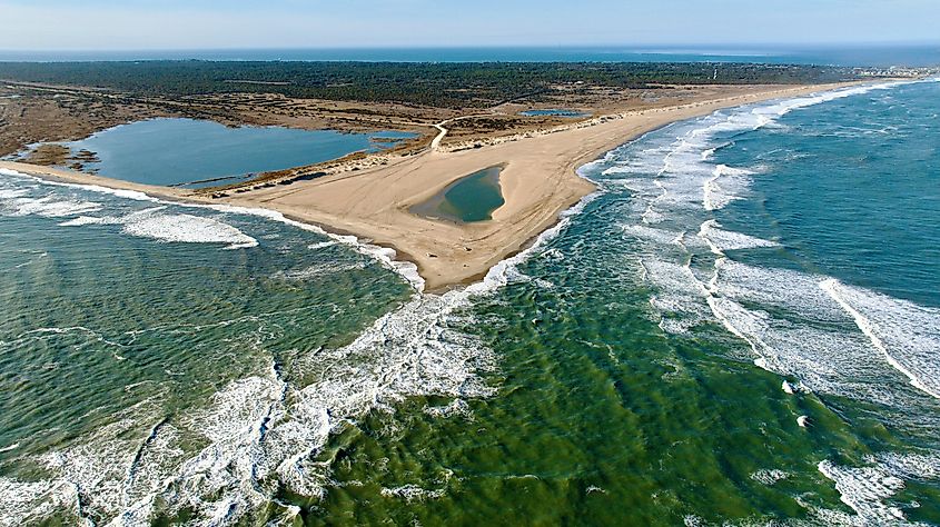 Aerial view of Cape Point on Hatteras Island. Cape Point is and has always been the pinnacle of fishing on the Outer Banks.