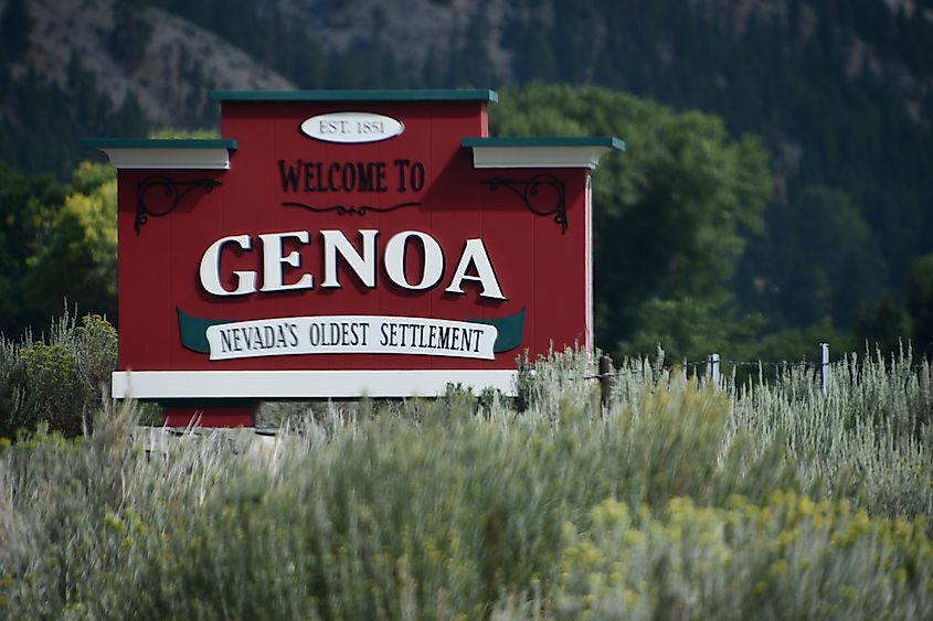 Welcome to Genoa (Nevadas Oldest Settlement) sign in Genoa, Nevada. Editorial credit: Ritu Manoj Jethani / Shutterstock.com