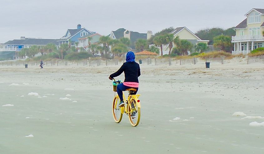 A single bicycle ride on a colorful bike on a Hilton Head, South Carolina beach.