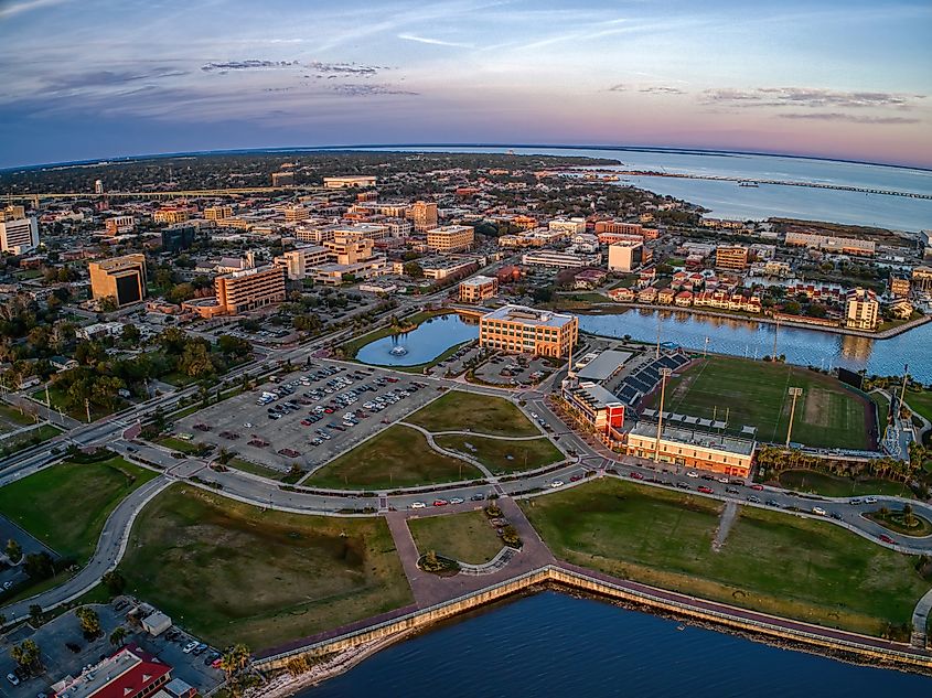 Aerial View of Pensacola, Florida during Sunset.