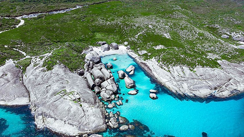 Aerial view of Greens Pools near Denmark in Western Australia.