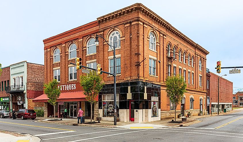 Downtown historic building at corner of Limestone and Frederick Street in Gaffney, South Carolina.