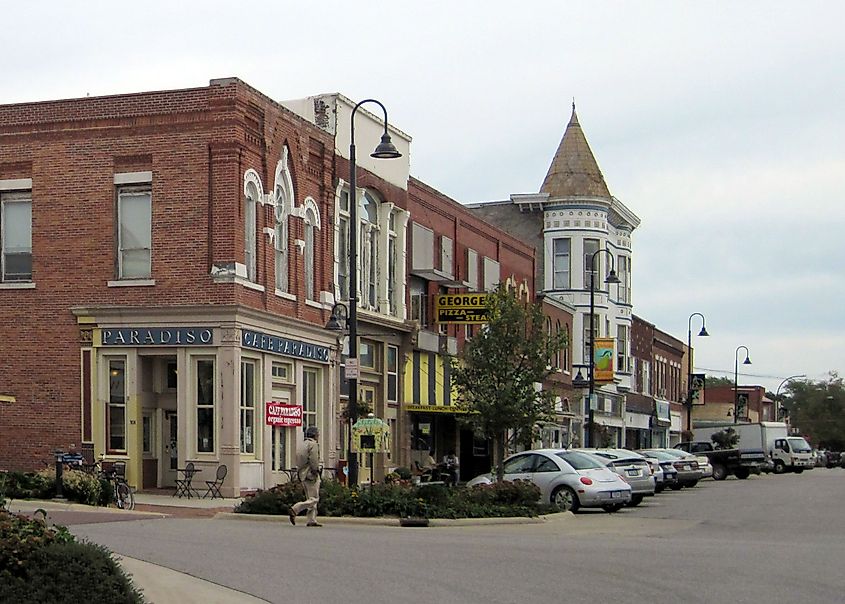 Rustic brick buildings along Main Street in Fairfield, Iowa.