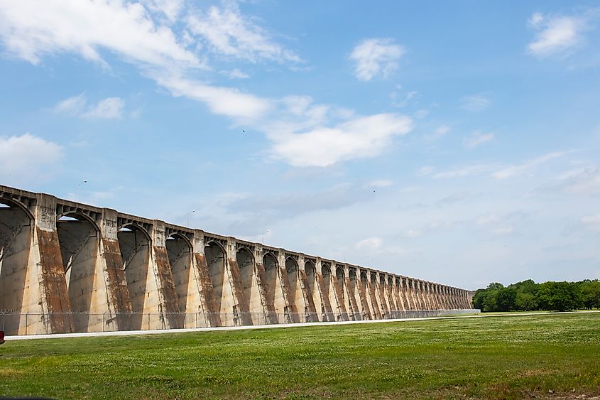 Pensacola Dam at Langley, Oklahoma, holding back Grand Lake.