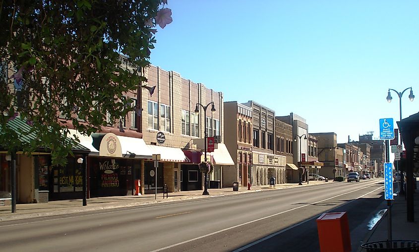 Businesses lined along Main Street in Marshalltown, Iowa