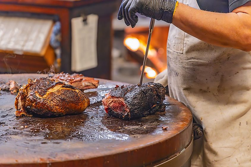 Smoked beef brisket in a Lockhart Texas, barbecue restaurant.